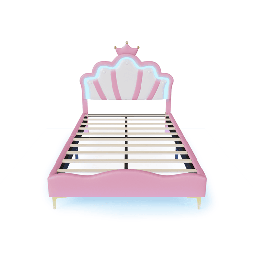 Cama princesa rosa 140x190 cm estofada pele PU, cabeceira em formato de coroa