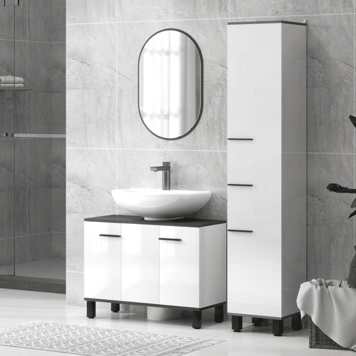 Armário para pia com 2 portas e prateleiras ajustáveis para pia com ou sem pedestal, 80x34x60 cm, branco Armário para pia com 2 portas e prateleiras ajustáveis para pia com ou sem pedestal, 80x34x60 cm, branco
