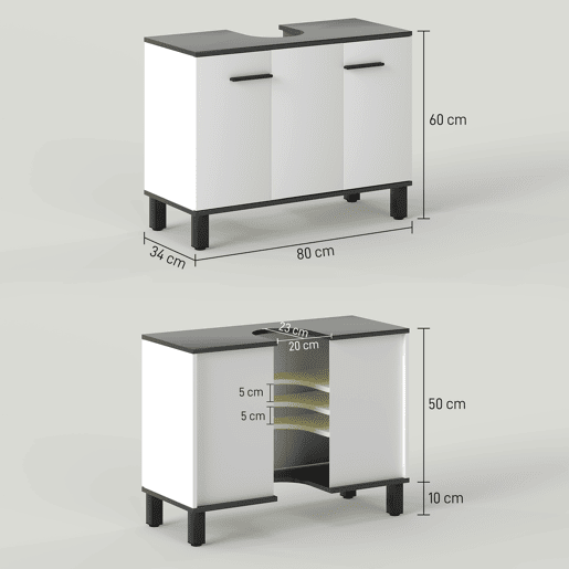 Armário para pia com 2 portas e prateleiras ajustáveis para pia com ou sem pedestal, 80x34x60 cm, branco Armário para pia com 2 portas e prateleiras ajustáveis para pia com ou sem pedestal, 80x34x60 cm, branco