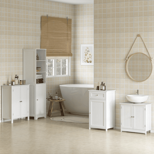 Armário de banheiro com 1 gaveta, 1 porta e prateleira interna ajustável, unidade de armazenamento, 43x34x77 cm, branco Armário de banheiro com 1 gaveta, 1 porta e prateleira interna ajustável, unidade de armazenamento, 43x34x77 cm, branco
