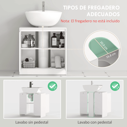 Armário de banheiro para instalação sob a pia, com 2 portas, prateleira ajustável para pias com ou sem coluna, 60x30x59,8 cm, branco Armário de banheiro para instalação sob a pia, com 2 portas, prateleira ajustável para pias com ou sem coluna, 60x30x59,8 cm, branco