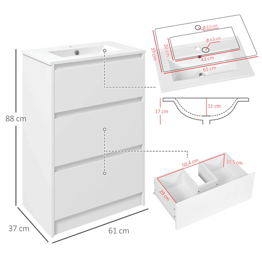 Móvel para banheiro com pia, gabinete para banheiro, pia de cerâmica sintética com 2 gavetas, 61x37x88cm, branco brilhante Móvel para banheiro com pia, gabinete para banheiro, pia de cerâmica sintética com 2 gavetas, 61x37x88cm, branco brilhante