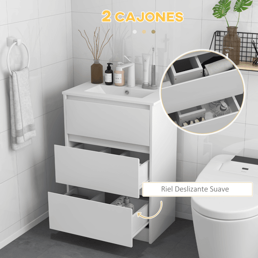 Móvel para banheiro com pia, gabinete para banheiro, pia de cerâmica sintética com 2 gavetas, 61x37x88cm, branco brilhante Móvel para banheiro com pia, gabinete para banheiro, pia de cerâmica sintética com 2 gavetas, 61x37x88cm, branco brilhante
