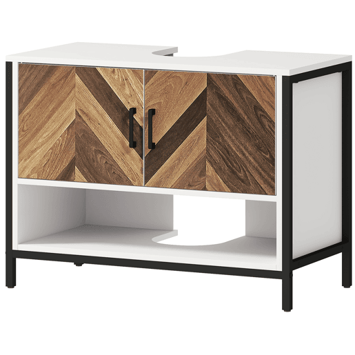 Armário para pia com 2 portas e compartimento aberto para pia com ou sem pedestal, 80x40x60 cm, Creme e Nogueira Armário para pia com 2 portas e compartimento aberto para pia com ou sem pedestal, 80x40x60 cm, Creme e Nogueira