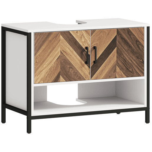 Armário para pia com 2 portas e compartimento aberto para pia com ou sem pedestal, 80x40x60 cm, Creme e Nogueira Armário para pia com 2 portas e compartimento aberto para pia com ou sem pedestal, 80x40x60 cm, Creme e Nogueira