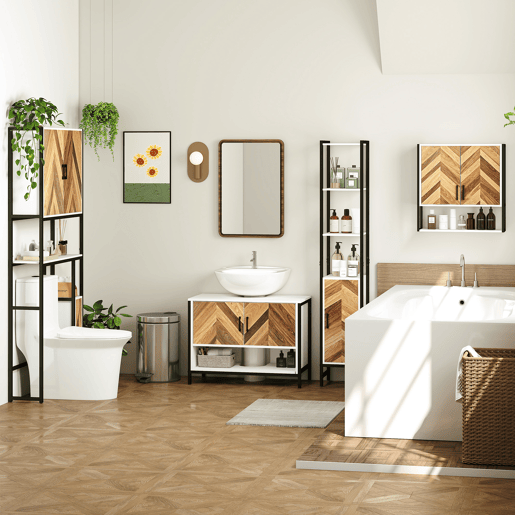 Armário para pia com 2 portas e compartimento aberto para pia com ou sem pedestal, 80x40x60 cm, Creme e Nogueira Armário para pia com 2 portas e compartimento aberto para pia com ou sem pedestal, 80x40x60 cm, Creme e Nogueira