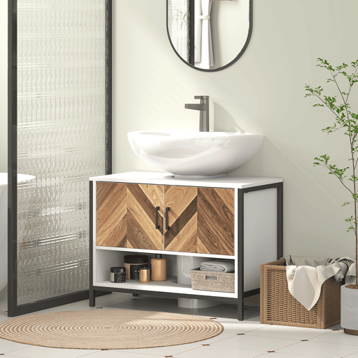 Armário para pia com 2 portas e compartimento aberto para pia com ou sem pedestal, 80x40x60 cm, Creme e Nogueira Armário para pia com 2 portas e compartimento aberto para pia com ou sem pedestal, 80x40x60 cm, Creme e Nogueira