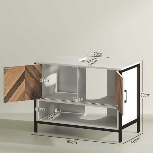 Armário para pia com 2 portas e compartimento aberto para pia com ou sem pedestal, 80x40x60 cm, Creme e Nogueira Armário para pia com 2 portas e compartimento aberto para pia com ou sem pedestal, 80x40x60 cm, Creme e Nogueira