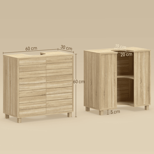 Armário para instalação sob a pia com prateleira ajustável, portas ripadas e mecanismo de abertura por pressão, compatível com pias de coluna ou de parede Armário para instalação sob a pia com prateleira ajustável, portas ripadas e mecanismo de abertura por pressão, compatível com pias de coluna ou de parede