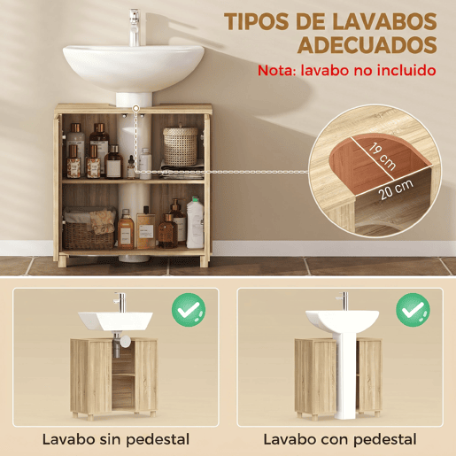Armário para instalação sob a pia com prateleira ajustável, portas ripadas e mecanismo de abertura por pressão, compatível com pias de coluna ou de parede Armário para instalação sob a pia com prateleira ajustável, portas ripadas e mecanismo de abertura por pressão, compatível com pias de coluna ou de parede