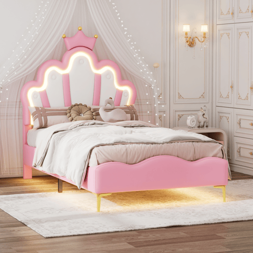 Cama princesa rosa 90x200 cm estofada pele PU, cabeceira em formato de coroa Cama princesa rosa 90x200 cm estofada pele PU, cabeceira em formato de coroa