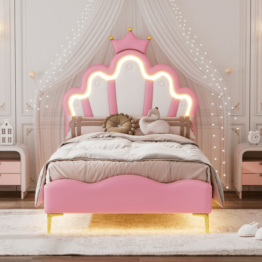 Cama princesa rosa 90x200 cm estofada pele PU, cabeceira em formato de coroa Cama princesa rosa 90x200 cm estofada pele PU, cabeceira em formato de coroa