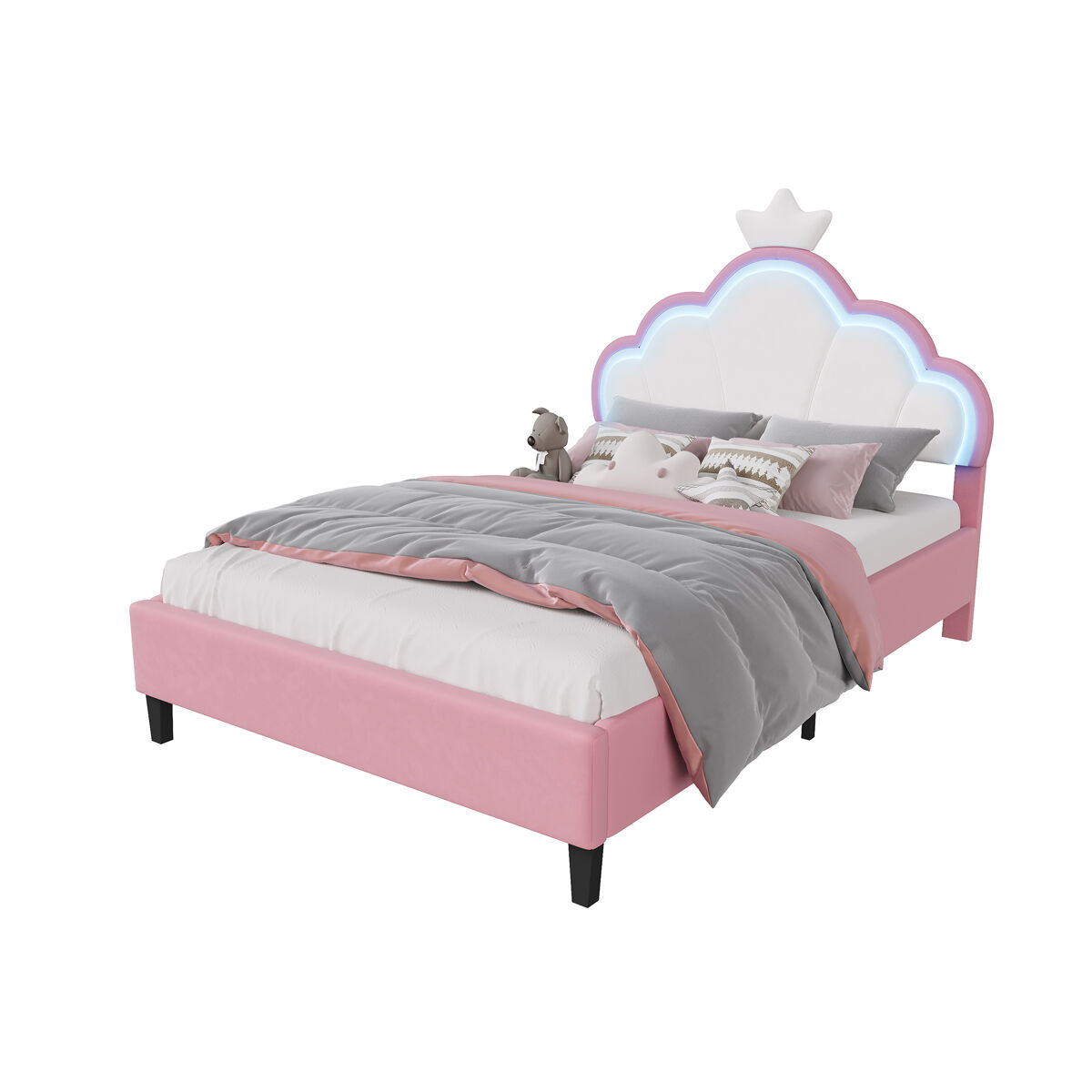 Cama princesa terciopelo 140x190 cm, cabecero en forma de corona con luces led