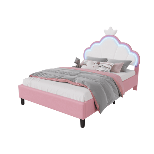 Cama princesa veludo 140x190 cm, cabeceira em formato de coroa com luzes LED