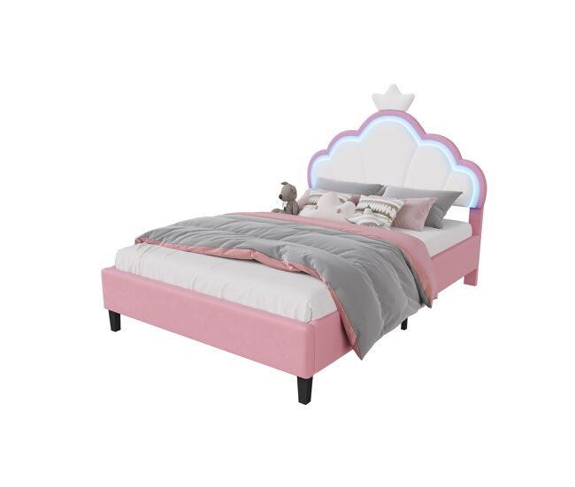 Cama princesa terciopelo 140x190 cm, cabecero en forma de corona con luces led