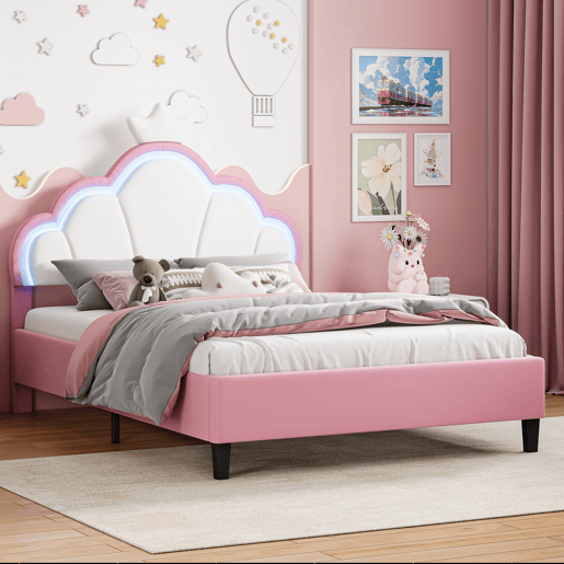 Cama princesa veludo 140x190 cm, cabeceira em formato de coroa com luzes LED