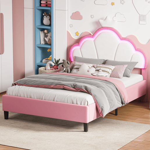 Cama princesa veludo 140x190 cm, cabeceira em formato de coroa com luzes LED
