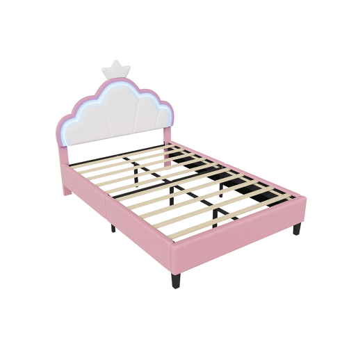 Cama princesa veludo 140x190 cm, cabeceira em formato de coroa com luzes LED