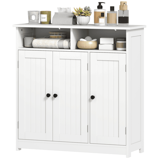 Armário de banheiro estreito com 3 portas, 2 compartimentos abertos, prateleira ajustável, 85x30x85 cm, branco