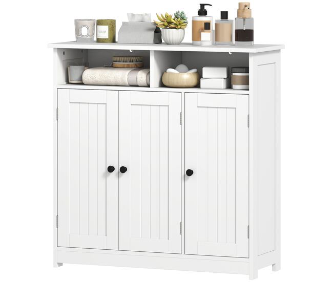 Armario de baño estrecho con 3 puertas 2 compartimentos abiertos estante ajustable 85x30x85 cm blanco