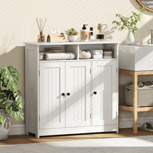 Armário de banheiro estreito com 3 portas, 2 compartimentos abertos, prateleira ajustável, 85x30x85 cm, branco