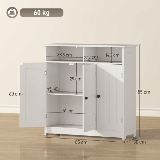 Armário de banheiro estreito com 3 portas, 2 compartimentos abertos, prateleira ajustável, 85x30x85 cm, branco