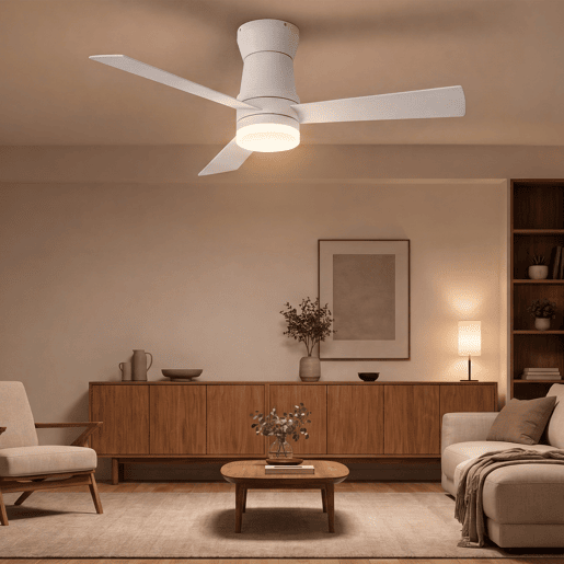 Ventoinha de teto com luz branca 52 polegadas, 3 pás, motor DC silencioso, montagem baixa com comando à distância Ventoinha de teto com luz branca 52 polegadas, 3 pás, motor DC silencioso, montagem baixa com comando à distância
