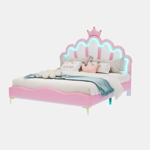 Cama princesa rosa 140x200 cm estofada pele PU, cabeceira em formato de coroa