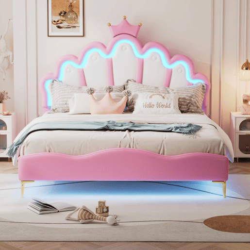 Cama princesa rosa 140x200 cm estofada pele PU, cabeceira em formato de coroa Cama princesa rosa 140x200 cm estofada pele PU, cabeceira em formato de coroa