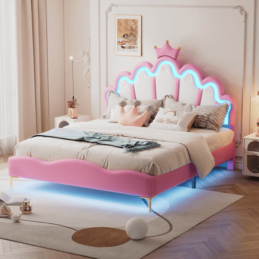 Cama princesa rosa 140x200 cm estofada pele PU, cabeceira em formato de coroa Cama princesa rosa 140x200 cm estofada pele PU, cabeceira em formato de coroa