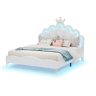 Cama princesa branca 140x200 cm estofada pele PU, cabeceira em formato de coroa