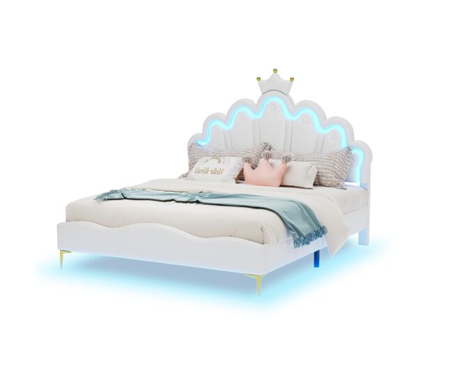 Cama princesa blanca 140x200 cm tapizada piel pu, cabecero en forma de corona