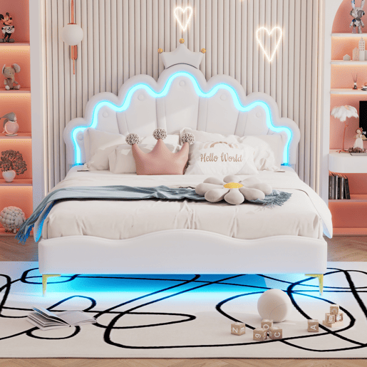 Cama princesa branca 140x200 cm estofada pele PU, cabeceira em formato de coroa