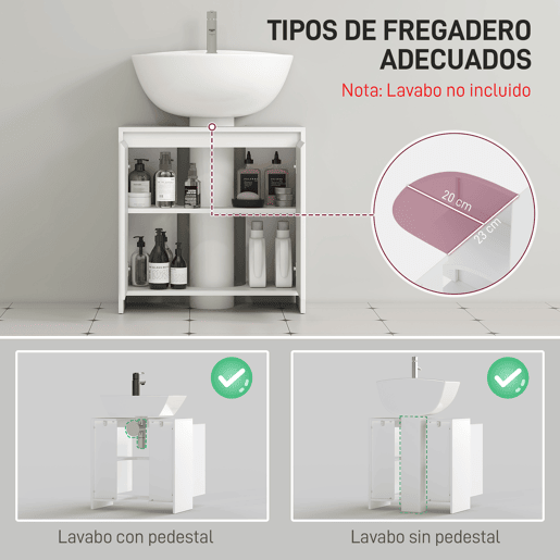Armário moderno para pia com prateleira, unidade de lavatório de chão anti-tombamento, capacidade de carga de 40 kg, 60 x 30 x 60 cm, branco