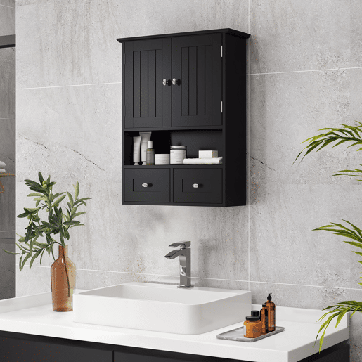 Armário de banheiro suspenso, unidade de armazenamento para banheiro com 2 portas e 2 gavetas, 50,8 x 17,8 x 66 cm, preto