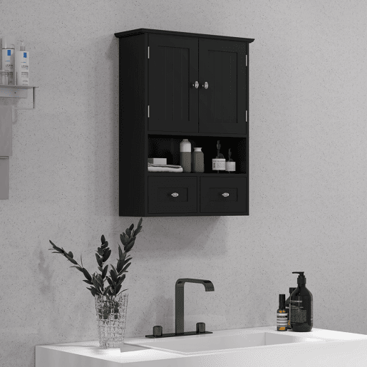 Armário de banheiro suspenso, unidade de armazenamento para banheiro com 2 portas e 2 gavetas, 50,8 x 17,8 x 66 cm, preto