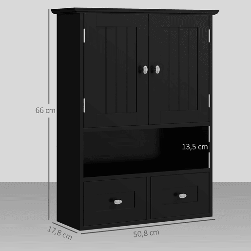 Armário de banheiro suspenso, unidade de armazenamento para banheiro com 2 portas e 2 gavetas, 50,8 x 17,8 x 66 cm, preto