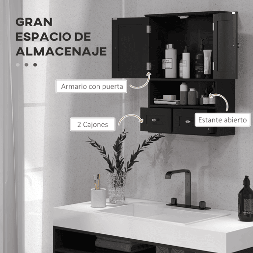 Armário de banheiro suspenso, unidade de armazenamento para banheiro com 2 portas e 2 gavetas, 50,8 x 17,8 x 66 cm, preto