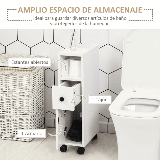 Armário de banheiro com rodízios, unidade de armazenamento para banheiro com prateleira aberta, porta e gaveta, 18x30x68,5 cm, branco Armário de banheiro com rodízios, unidade de armazenamento para banheiro com prateleira aberta, porta e gaveta, 18x30x68,5 cm, branco