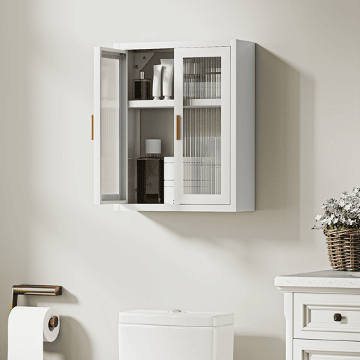 Armário de banheiro suspenso, móvel moderno para banheiro com prateleira ajustável e portas de acrílico branco Armário de banheiro suspenso, móvel moderno para banheiro com prateleira ajustável e portas de acrílico branco
