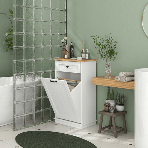 Armário de banheiro com gaveta, cesto de roupa suja e design anti-tombamento, móveis modernos para banheiro, 52x33x90 cm, branco