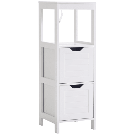 Armário de banheiro multifuncional com prateleira aberta, 2 gavetas, design anti-tombamento, 30x30x89 cm, branco Armário de banheiro multifuncional com prateleira aberta, 2 gavetas, design anti-tombamento, 30x30x89 cm, branco