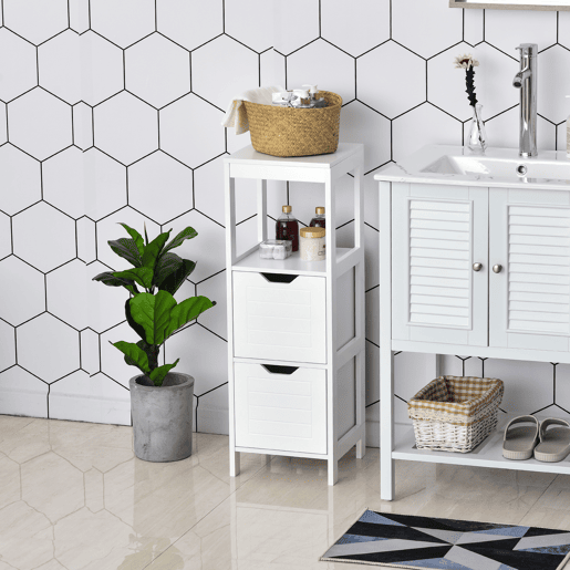 Armário de banheiro multifuncional com prateleira aberta, 2 gavetas, design anti-tombamento, 30x30x89 cm, branco Armário de banheiro multifuncional com prateleira aberta, 2 gavetas, design anti-tombamento, 30x30x89 cm, branco