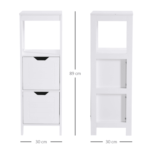 Armário de banheiro multifuncional com prateleira aberta, 2 gavetas, design anti-tombamento, 30x30x89 cm, branco Armário de banheiro multifuncional com prateleira aberta, 2 gavetas, design anti-tombamento, 30x30x89 cm, branco