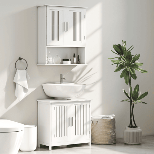 Armário de banheiro para pia, unidade de chão em madeira com 2 portas ventiladas e prateleira interna ajustável, moderno, 60x30x60 cm, branco Armário de banheiro para pia, unidade de chão em madeira com 2 portas ventiladas e prateleira interna ajustável, moderno, 60x30x60 cm, branco