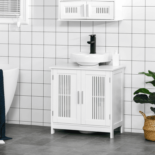 Armário de banheiro para pia, unidade de chão em madeira com 2 portas ventiladas e prateleira interna ajustável, moderno, 60x30x60 cm, branco Armário de banheiro para pia, unidade de chão em madeira com 2 portas ventiladas e prateleira interna ajustável, moderno, 60x30x60 cm, branco