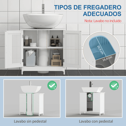 Armário de banheiro para pia, unidade de chão em madeira com 2 portas ventiladas e prateleira interna ajustável, moderno, 60x30x60 cm, branco Armário de banheiro para pia, unidade de chão em madeira com 2 portas ventiladas e prateleira interna ajustável, moderno, 60x30x60 cm, branco