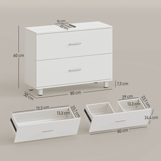 Armário moderno para pia sem coluna, com 2 gavetas, 80x30x60 cm, branco Armário moderno para pia sem coluna, com 2 gavetas, 80x30x60 cm, branco