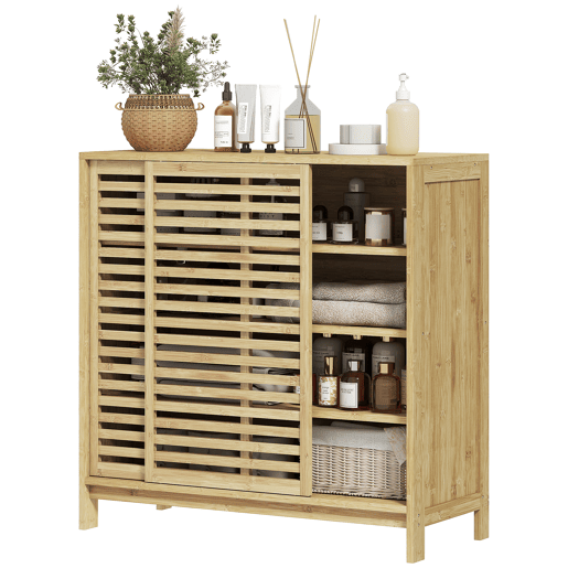 Armário de banheiro em bambu com 2 portas derer, design ripado, 4 prateleiras, unidade de armazenamento para banheiro, 80x34x80 cm, natural