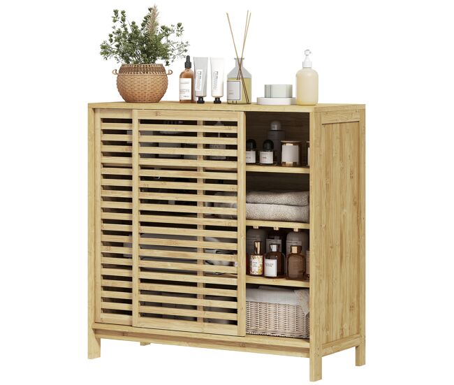 Armario de baño de bambú con 2 puertas correderas diseño de lamas 4 estantes mueble auxiliar de baño 80x34x80 cm natural
